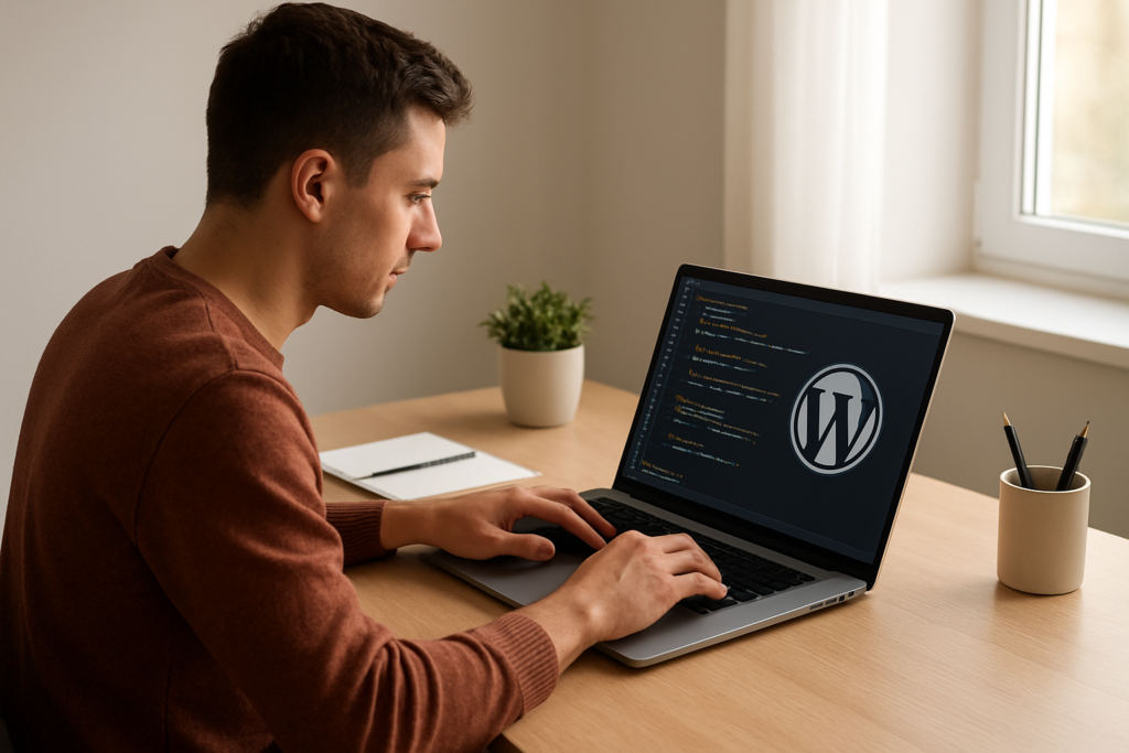 Beginner learning PHP and WordPress development on a laptop