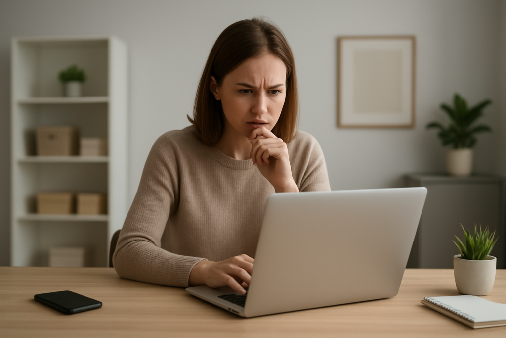 Small business owner troubleshooting an online store checkout on a laptop