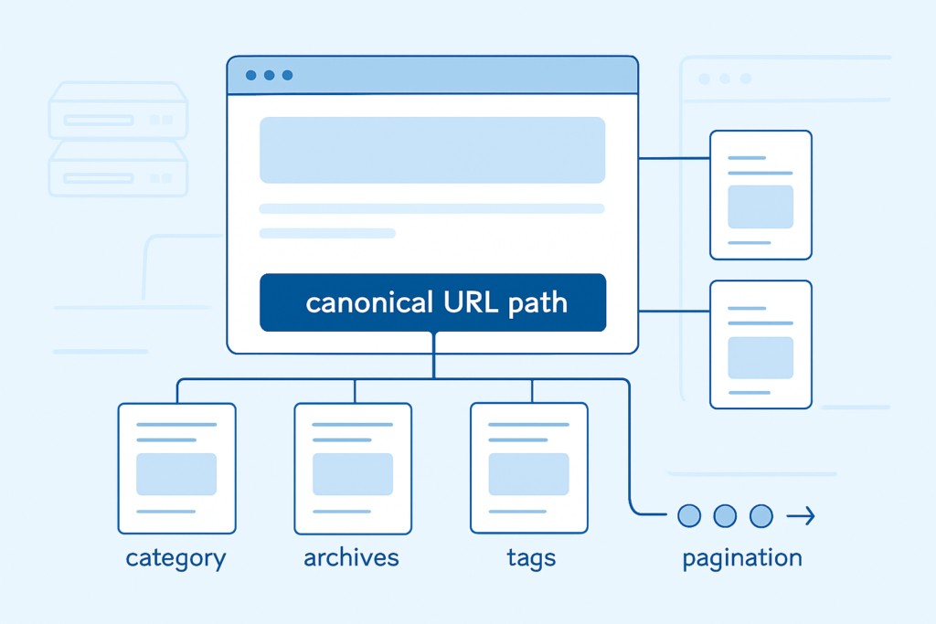 Diagram-style illustration showing WordPress archive pages converging on one preferred canonical URL