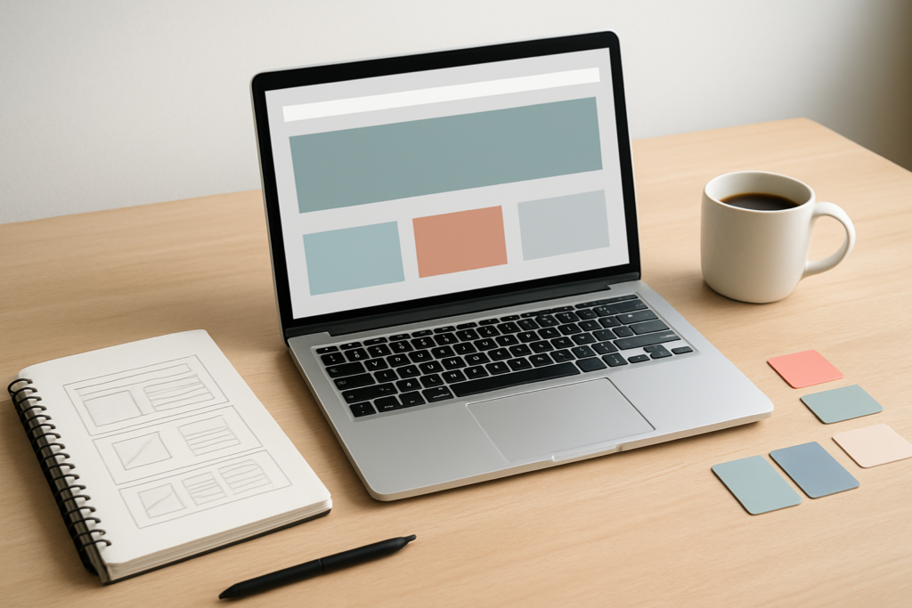 Workspace with wireframes and tools for designing a WordPress website