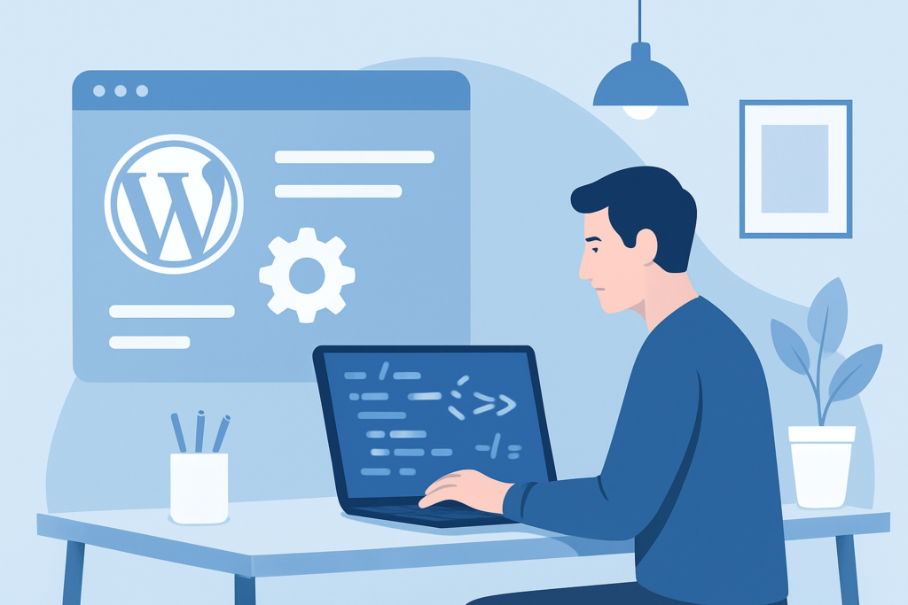 Developer building a custom WordPress plugin with PHP code on a laptop