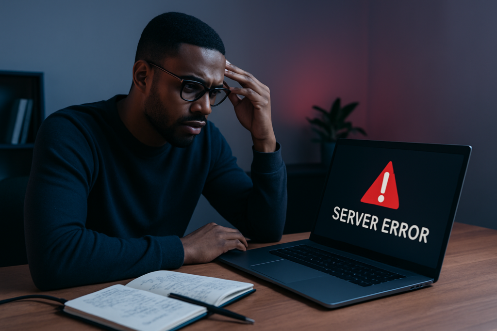 Website owner troubleshooting a WordPress critical error on a laptop