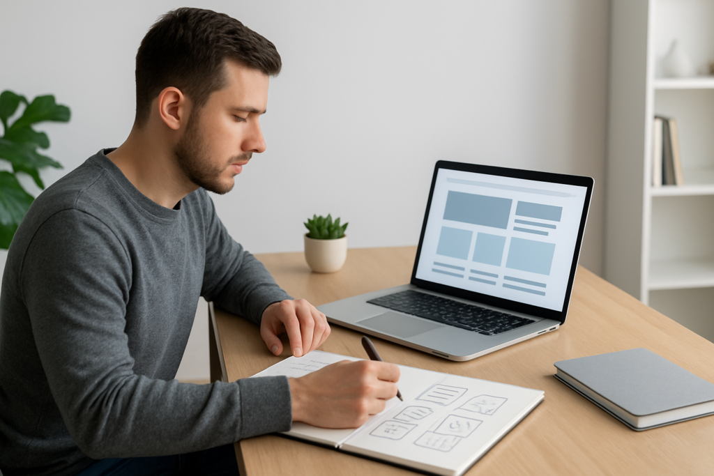Freelance WordPress developer planning client projects at a desk