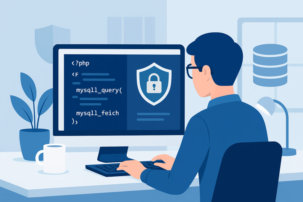 Developer reviewing secure WordPress PHP and MySQL code to prevent SQL injection