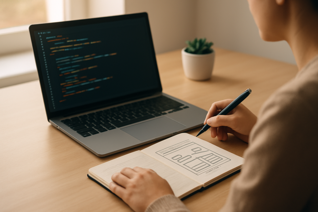 Beginner learning WordPress coding with a laptop and notebook