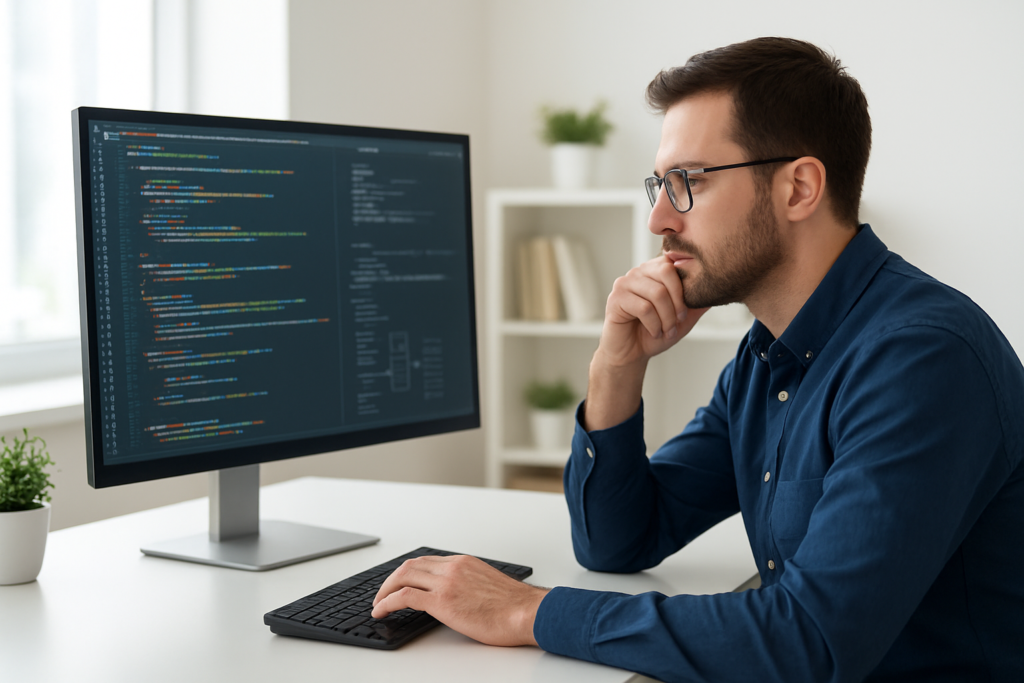 Developer troubleshooting a WordPress site on a desktop computer