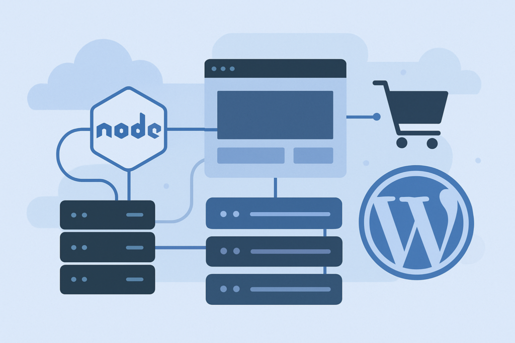 Node.js backend architecture connected to WordPress and WooCommerce