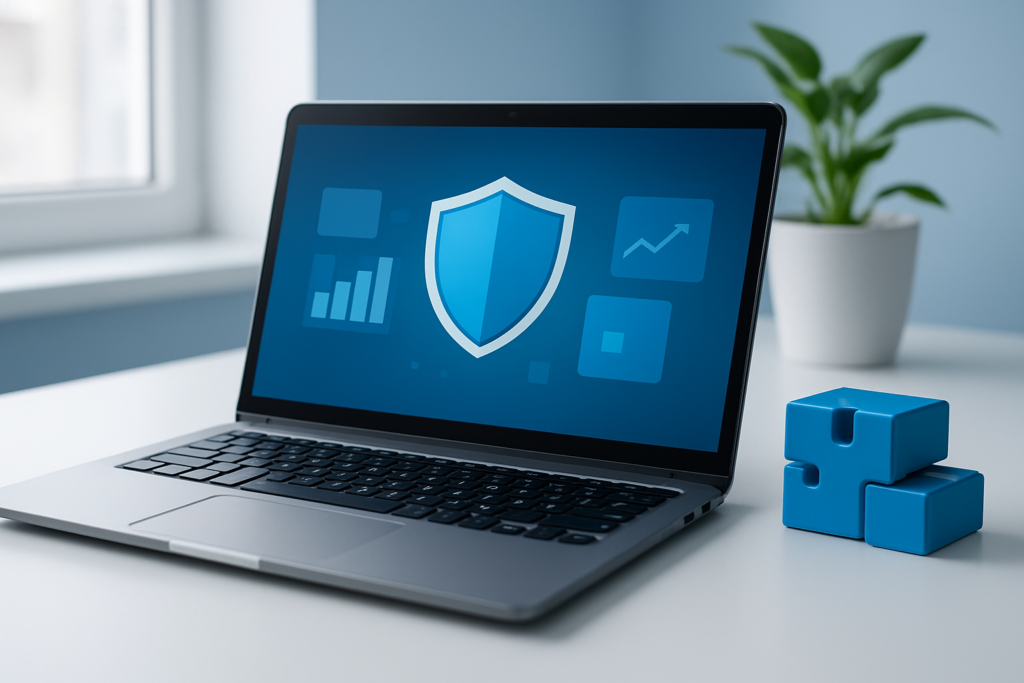 WordPress plugin security maintenance concept with a shield and plugin blocks