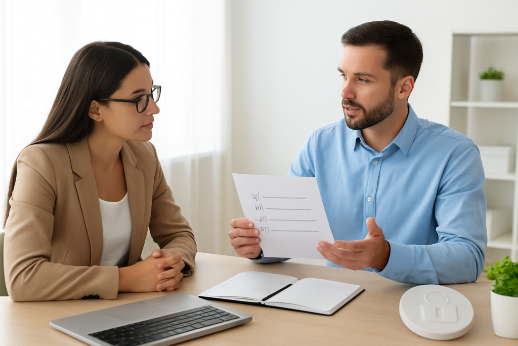 Freelancer reviewing a WordPress project handoff checklist with a client
