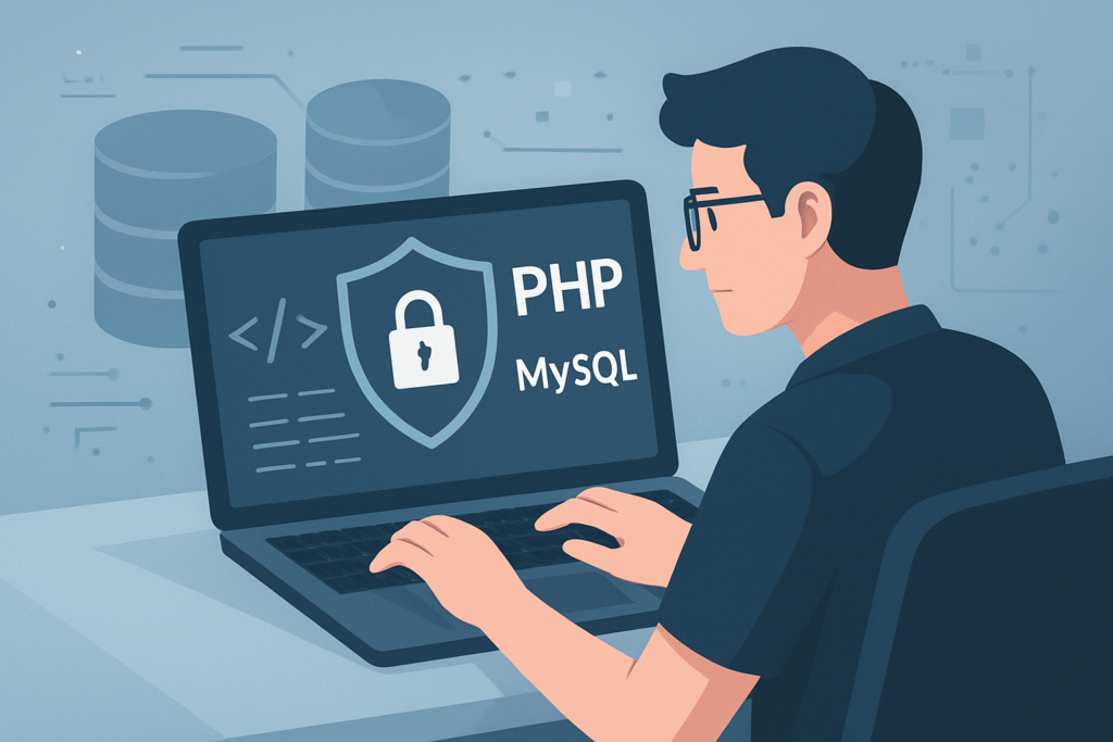 Developer creating a secure PHP and MySQL login system with database and security shield imagery