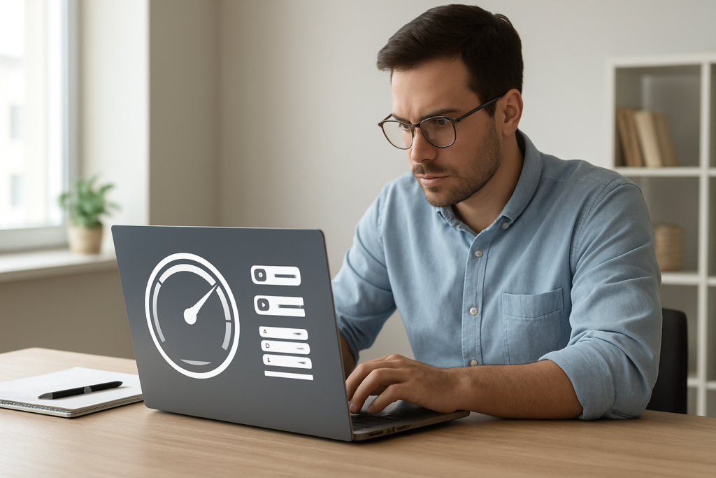 Website owner reviewing WordPress speed and security improvements on a laptop