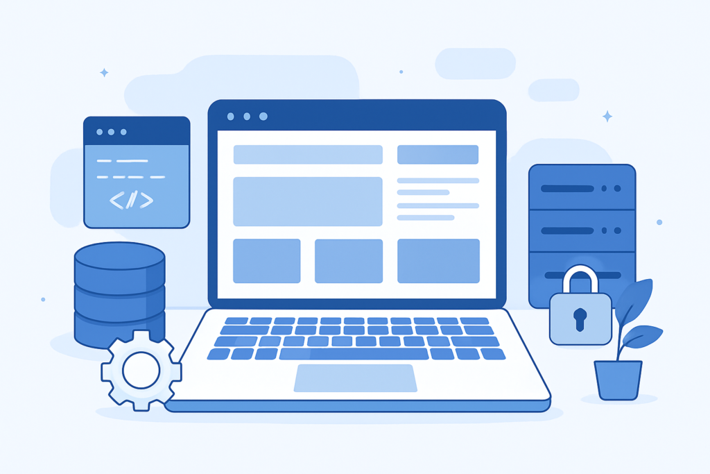WordPress web development planning with code, database, and secure server concepts