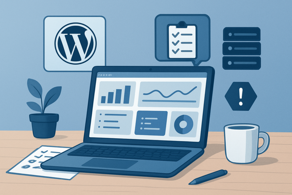 WordPress troubleshooting workspace with a laptop, code notes, server icons, and a checklist