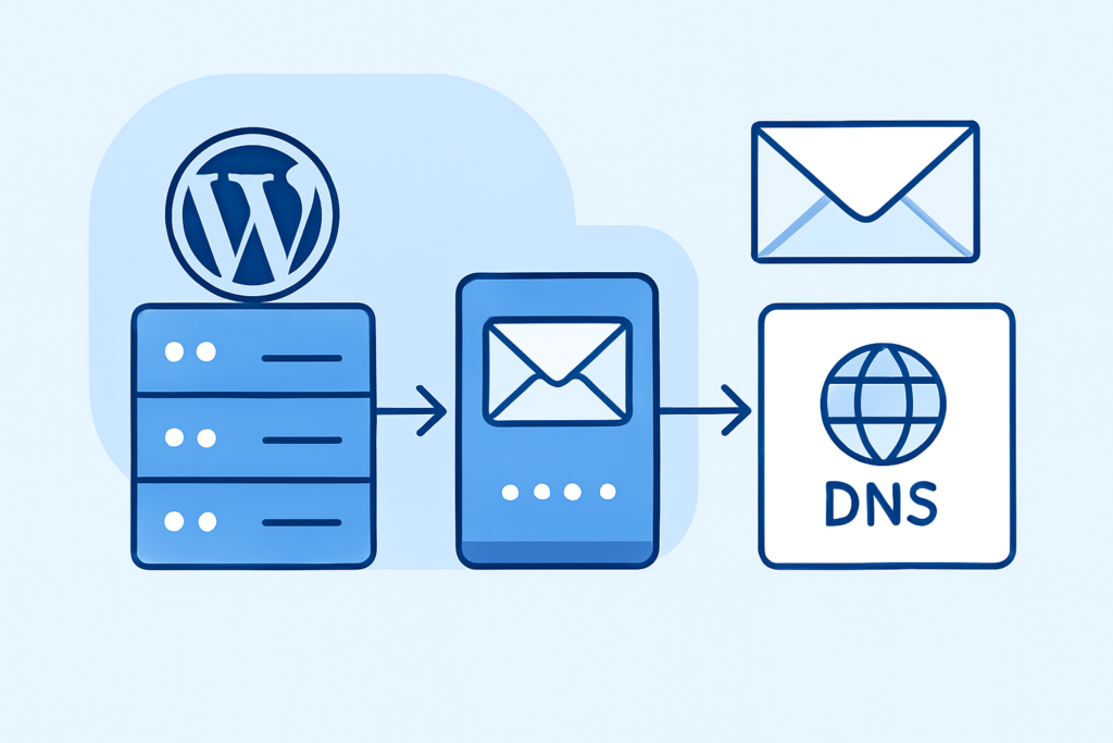 Illustration of WordPress email delivery troubleshooting with SMTP and DNS authentication
