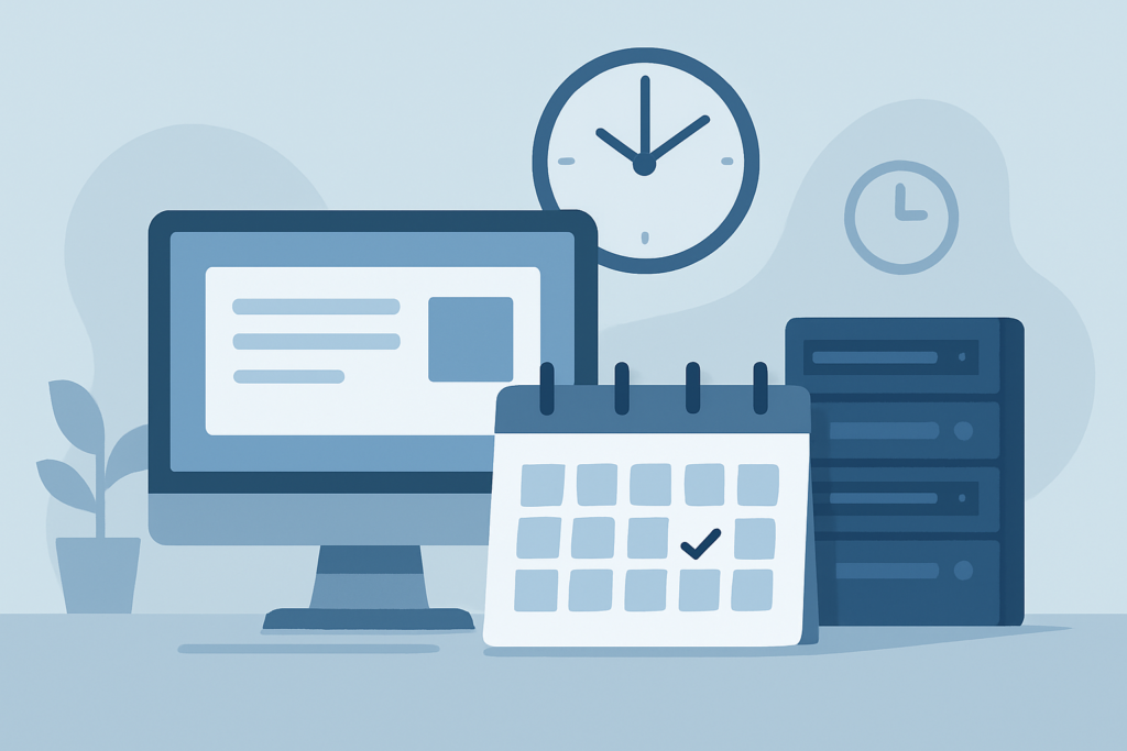 Calendar, clock, and server representing WordPress scheduled post troubleshooting