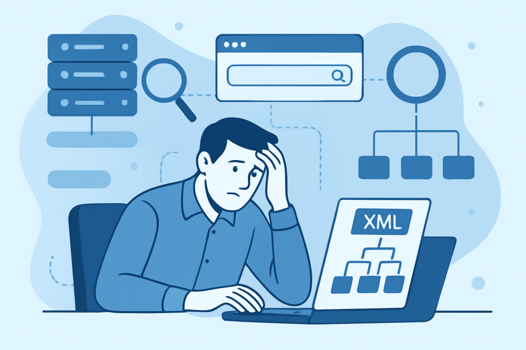 Website owner troubleshooting a WordPress sitemap with indexing and server diagrams