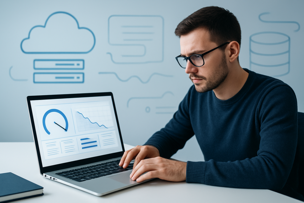 Developer diagnosing slow WordPress dashboard performance on a laptop