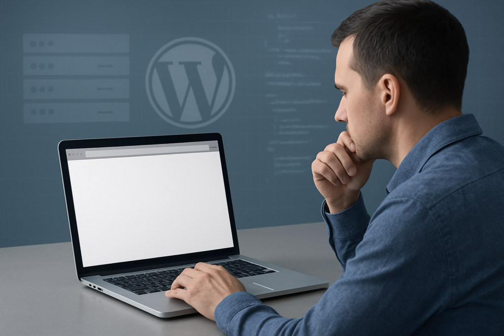 WordPress administrator troubleshooting a white screen error on a laptop