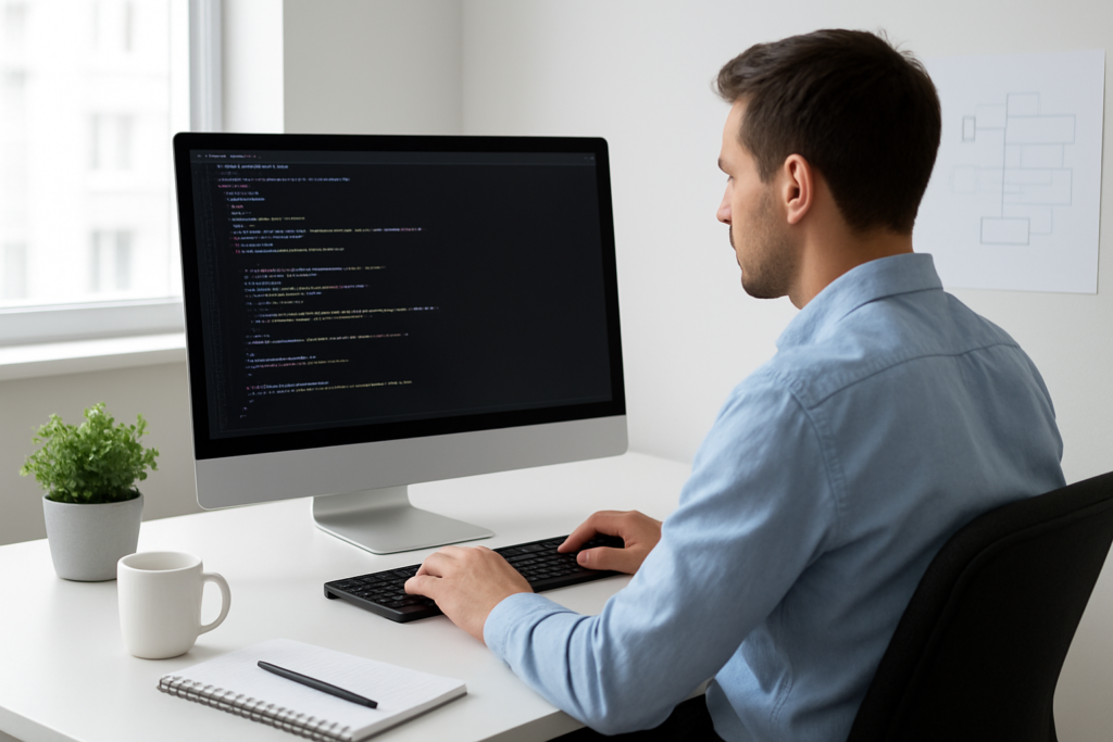 Developer reviewing PHP code for a WordPress project