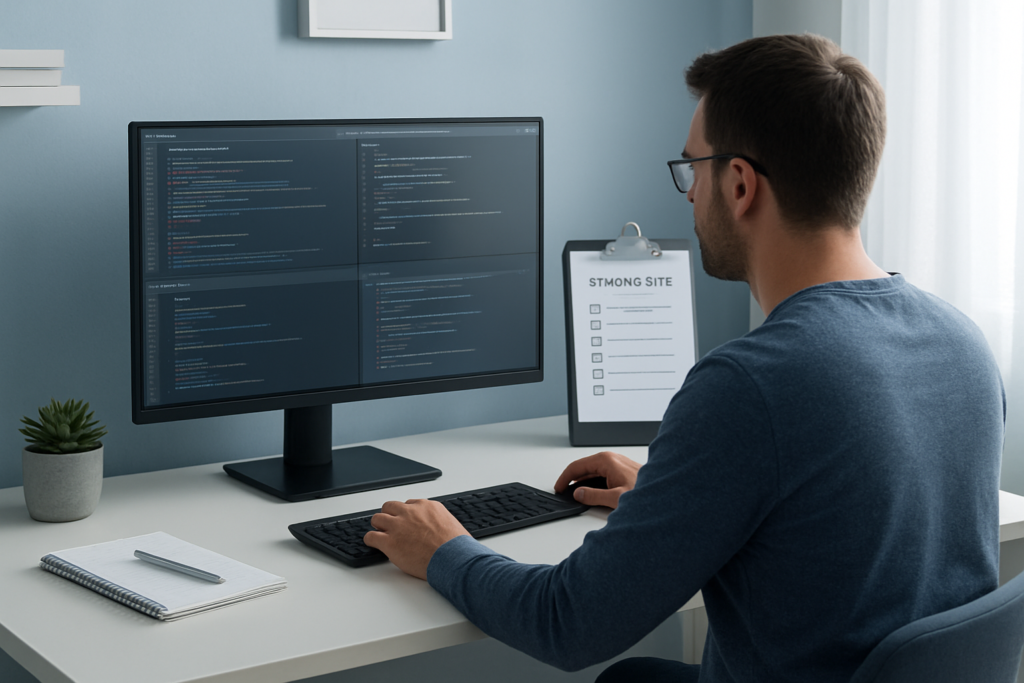 Developer reviewing WordPress plugin conflict logs and a safe staging test plan